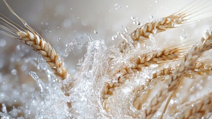 Poster - Splashes of Water Surrounding Freshly Harvested Wheat Ears, Capturing the Beauty of Nature's Elements in Stunning Close-Up Photography