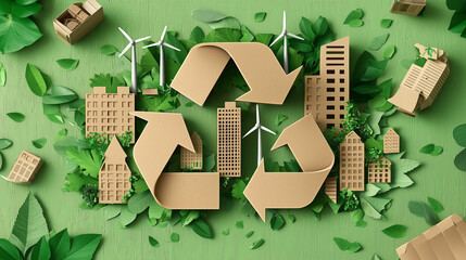 Wall Mural - Recycling Symbol with Buildings and Green Leaves – Save Planet and Energy Concept