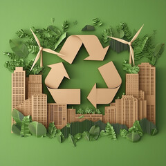 Wall Mural - Recycling Symbol with Buildings and Green Leaves – Save Planet and Energy Concept