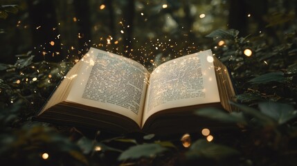 Poster - Enchanted Book in Forest Surrounded by Glowing Sparks, Capturing the Magic of Nature and Literature in a Serene Wilderness Setting