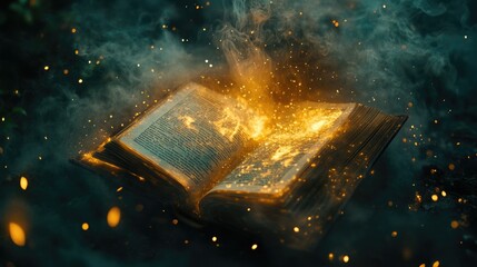 Poster - Enchanted Open Book with Illuminating Sparkles and Magical Dust Creating a Dreamlike Atmosphere in a Mystical Setting of Light and Shadow