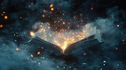 Poster - Enchanted Book Surrounded by Mystical Sparks and Wisps of Smoke, Evoking a Sense of Magic and Wonder in a Dark Atmospheric Setting