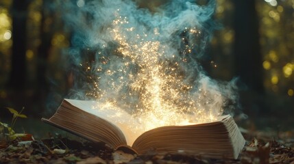 Poster - Enchanted Book in Forest with Sparkling Light and Magical Dust Creating a Mystical Atmosphere for Fantasy and Imagination
