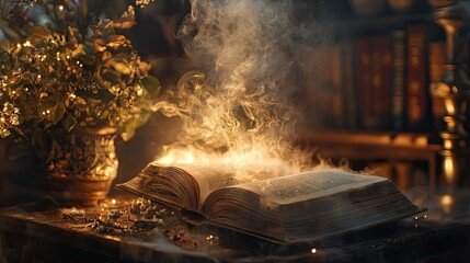 Poster - Enchanted Open Book with Mystical Wisps of Smoke in Warm Lighting Surrounded by Adornments and Old Books on a Cozy Tabletop Setting