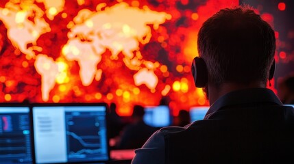 Poster - A focused individual monitors a vibrant, data-driven display showing a global map, surrounded by a high-tech environment.