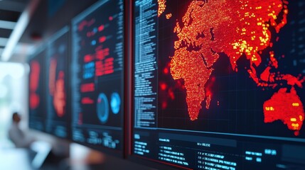 Poster - A digital display featuring a glowing map of the world in red tones, alongside data streams and analytics, emphasizing technology and global connectivity.
