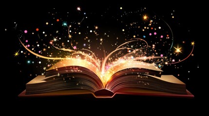 Poster - Open Book with Magical Sparks and Colorful Particles Representing Imagination, Knowledge, and Creativity in a Dark Background