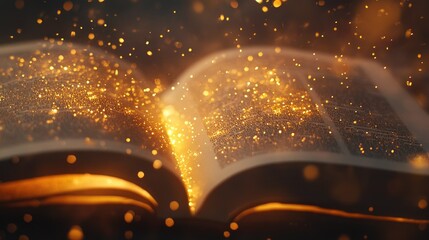 Poster - Enchanted Book with Glowing Golden Particles and Sparkling Light Effects Creating a Magical Atmosphere of Knowledge and Imagination