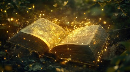 Poster - Enchanted Open Book with Magical Glow and Sparkles Surrounded by Greenery in a Mystical Forest Setting
