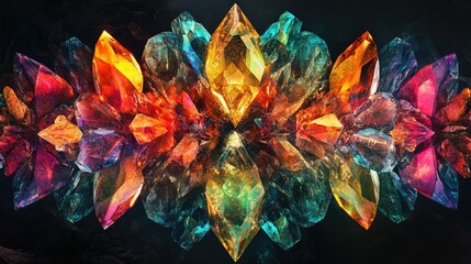 Poster - Vibrant and Colorful Abstract Crystal Cluster with Gemstone Shapes Reflecting Light and Rich Patterns, Perfect for Artistic Backgrounds and Visual Designs