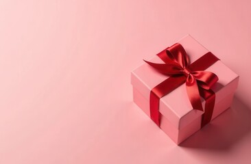 Wall Mural - A pink gift box with a red ribbon and bow on a soft pink background