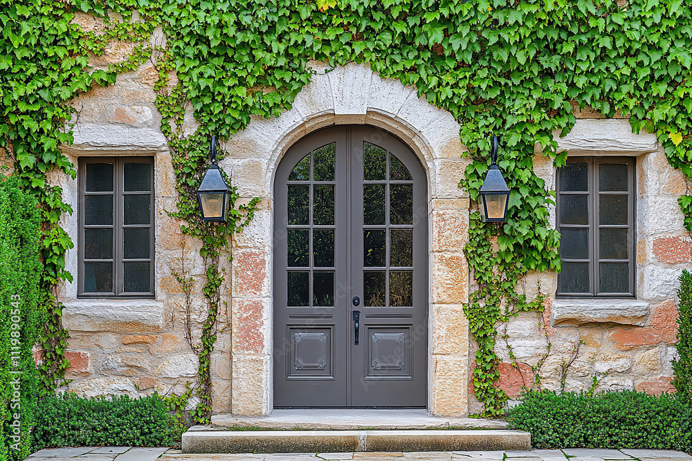 An arched front door framed by ivy-covered stone walls, flanked on ...