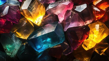 Poster - Vibrant Multicolored Crystals Displaying a Spectrum of Colors and Reflections on a Dark Background for Artistic and Commercial Use