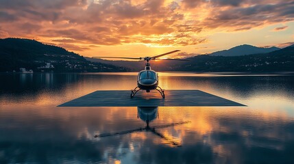 Wall Mural - A helicopter sits on a landing pad in a field in front of mountains at sunset.