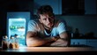 © svastix - A man, deep in thought, leans on a kitchen table, ambient refrigerator light illuminating the room, representing contemplation and solitude in quiet moments.