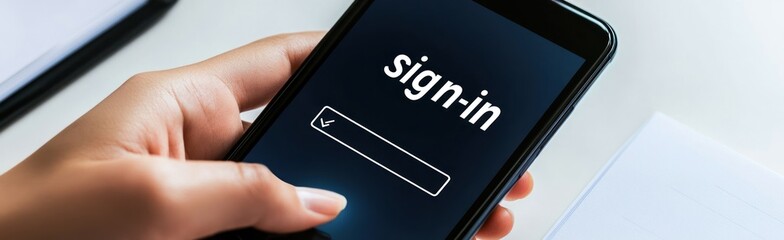 Poster - A hand holding a smartphone displaying a sign-in screen with a blank input field.