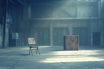 Poster - A solitary chair and a box in a dimly lit industrial space.