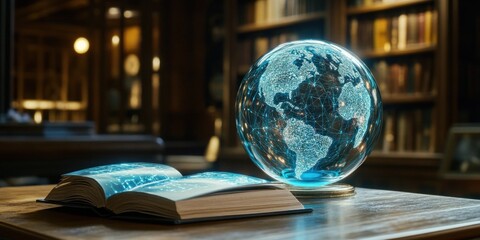 Aufkleber - A glowing globe beside an open book in a library, symbolizing knowledge and exploration.