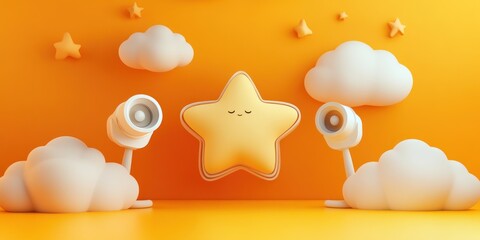 Poster - A cheerful star surrounded by clouds and spotlights against an orange background.