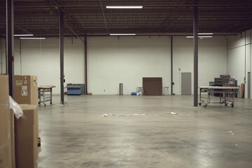 Poster - A spacious, empty industrial warehouse with minimal furnishings and concrete flooring.