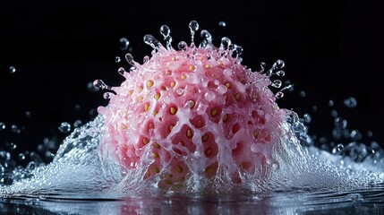 Poster - Close-Up of Pink Fruit Erupting in Water with Splashes and Droplets Against a Dark Background, Showcasing Vibrant Colors and Textures