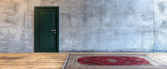 Aufkleber - A minimalistic interior featuring a green door and a decorative rug on a concrete floor.
