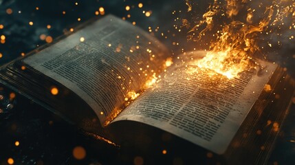 Poster - Captivating Image of an Open Book Engulfed in Fiery Flames with Sparkling Particles, Symbolizing Knowledge Igniting Imagination and Transformation in a Dark Setting