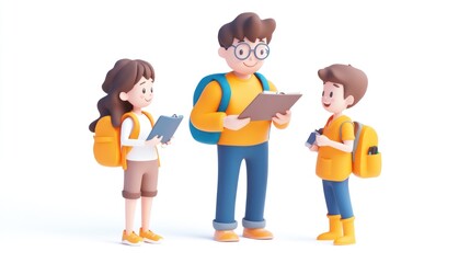 Aufkleber - Three cartoon characters with backpacks engaging in a discussion outdoors.