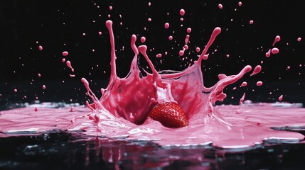 Poster - Captivating Splash of Pink Liquid with Strawberry Creating Vibrant Contrast Against Dark Background in a Dynamic and Artistic Composition