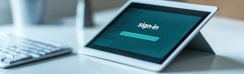 Poster - A tablet displaying a sign-in screen on a desk with a keyboard nearby.