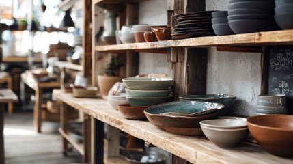 Poster - A cozy display of handmade pottery and ceramics on wooden shelves, showcasing various shapes and colors in a rustic setting.