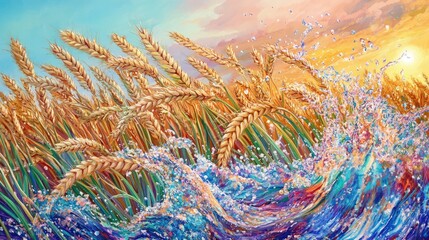 Poster - Vibrant Landscape of Wheat Fields and Splashing Water Under a Colorful Sunset Sky Showcasing the Harmony Between Nature and Agriculture