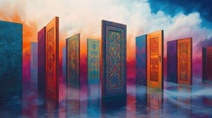 Poster - Surreal Landscape of Vibrant Colored Doors in an Ethereal Sky with Reflections Shimmering on the Ground, Evoking Imagination and Possibility