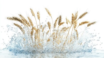 Poster - Golden wheat spikes splashing through clear water, creating dynamic movement and visual contrast in a beautiful still life composition for nature-themed projects