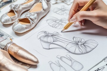 Poster - A hand sketches a shoe design surrounded by various shoe prototypes.