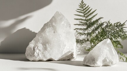 Aufkleber - A serene arrangement of quartz crystals and a fern on a minimalist surface.