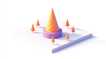 Poster - A stylized 3D illustration of a cone-shaped tree surrounded by smaller trees on a flat surface.