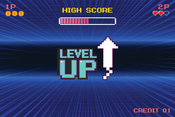 Poster - level up icon pixel art. 8 bit game. retro game. for game assets in vector illustrations on dark blu