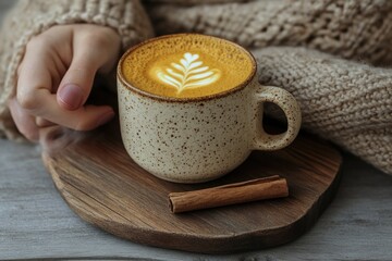 Poster - A cozy scene featuring a latte with art, a cinnamon stick, and a hand in a knitted sweater.