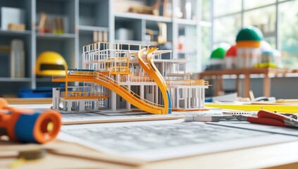Aufkleber - A colorful architectural model featuring a slide, set on a workspace with design materials.