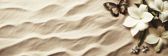 Poster - A serene arrangement of sand, flowers, and a butterfly, evoking tranquility and nature.