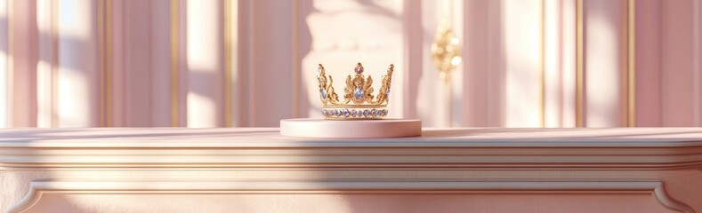 Poster - A golden crown displayed on a pedestal in an elegant, softly lit room.