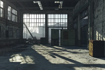 Poster - An abandoned industrial space with large windows and scattered debris, reflecting neglect.