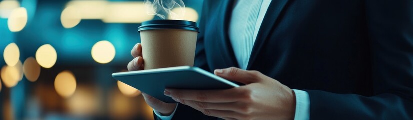 Poster - A person in a suit holds a coffee cup and a tablet, suggesting a business environment.
