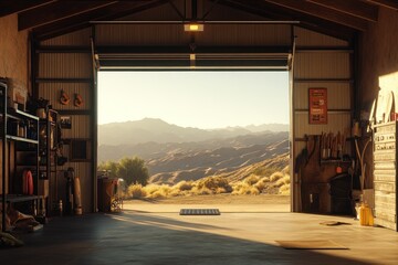Fototapete - A warm, inviting garage with a scenic mountain view at sunset.