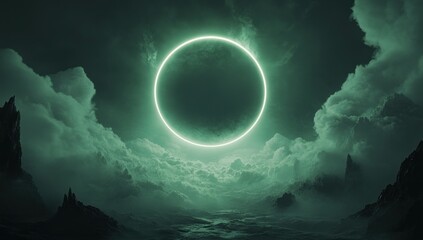 Poster - A mystical landscape featuring a glowing circular phenomenon amidst dark clouds.