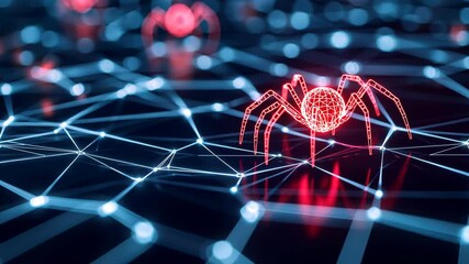 Poster - Abstract Digital Network Image Featuring Red Spider and Nodes, Representing Cybersecurity Threats