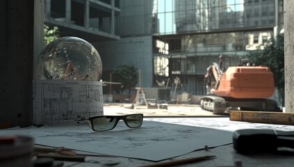 Poster - A construction site scene with blueprints, sunglasses, and machinery in the background.