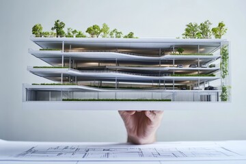 Aufkleber - A hand holds a modern architectural model featuring green spaces and layered design.