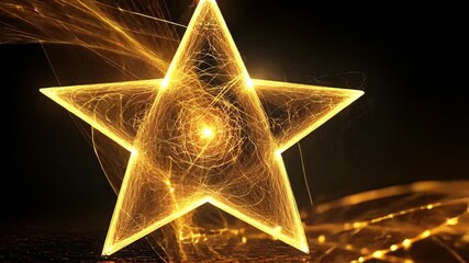 Wall Mural - Golden wireframe star gently spins on a black background picture